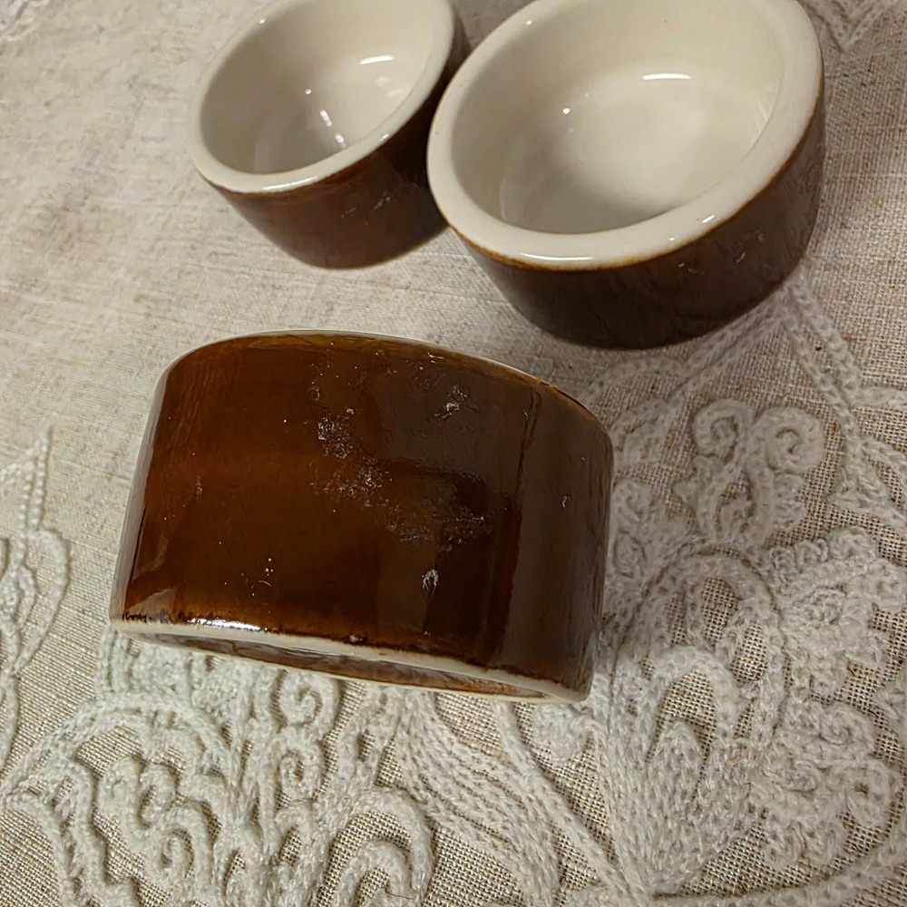 Hull Pottery 2.5"  Bird Logo USA Ramekin Custard Small Cups Set of 3 Brown Drip